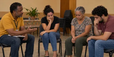 Facilitador em oficina comunitária convida um grupo hesitante a falar