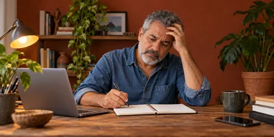 Profissional preocupado pensando diante de um caderno no escritório de casa