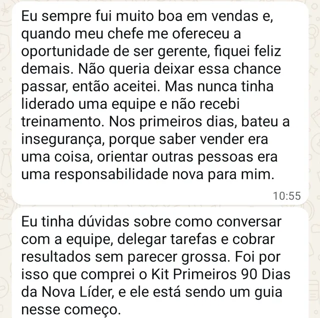 Mensagem de WhatsApp de Renata P. sobre Kit Primeiros 90 Dias da Nova Líder