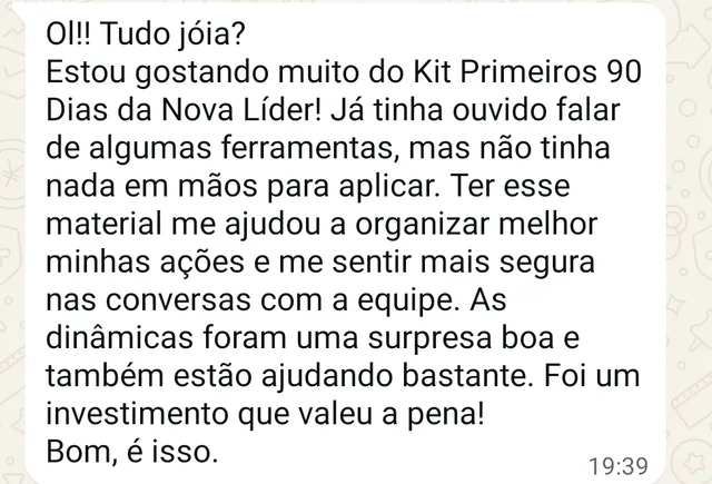 Mensagem de WhatsApp de Eugênia R. sobre Kit Primeiros 90 Dias da Nova Líder