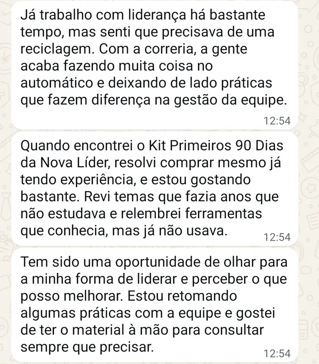 Mensagem de WhatsApp de Lari N. sobre Kit Primeiros 90 Dias da Nova Líder