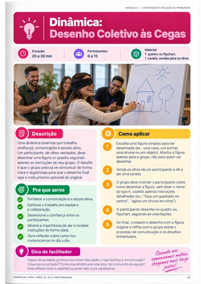 Página completa da dinâmica Desenho Coletivo às Cegas, com objetivo, materiais e instruções