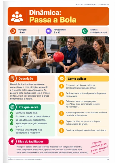 Página completa da dinâmica Passa a Bola, com objetivo, materiais e instruções