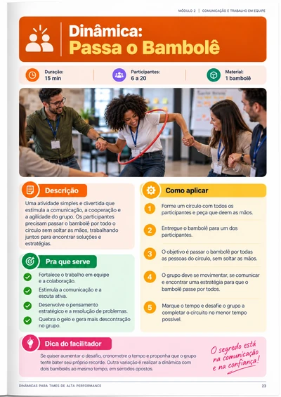 Página completa da dinâmica Passa o Bambolê, com objetivo, materiais e instruções